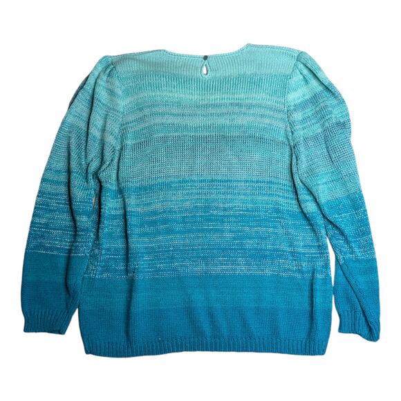 Vtg 1990s Ann Wi Teal Blue Ombre Knit Floral Applique Pullover Sweater 1X - Picture 2 of 4